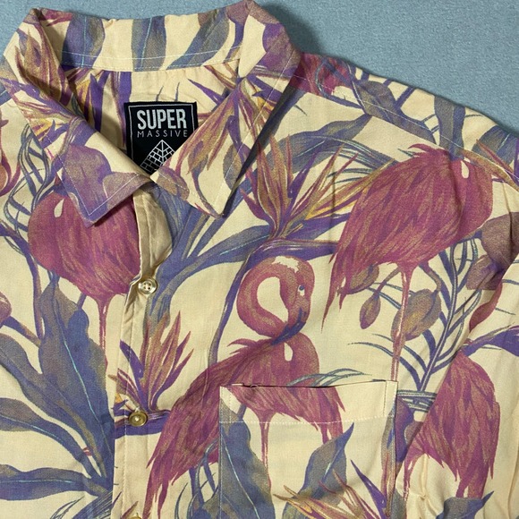 Super Massive Other - Super Massive Mens Large Flamingo Tropical Floral Rayon Button Up Shirt Tan Pink